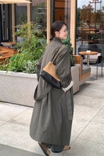 秋季简约通勤系带深灰色长款风衣外套女~感廓形气质大衣