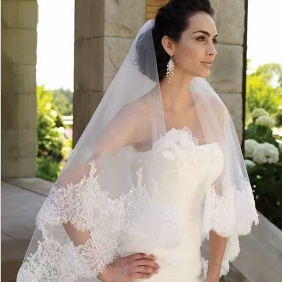 European and American Foreign Trade Long Lace Bridal Veil with Double Layers, Ivory Color, Exquisite Wedding Accessory, Headpiece, Cross-Border