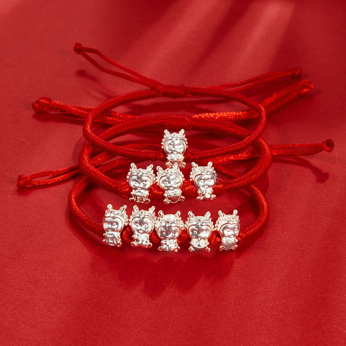 Pure Silver 999 Dragon Year Zodiac Red Rope Luck Bracelet for the Year of the Dragon DIY Small Accessory Kids Handmade Knot Rope Bracelet