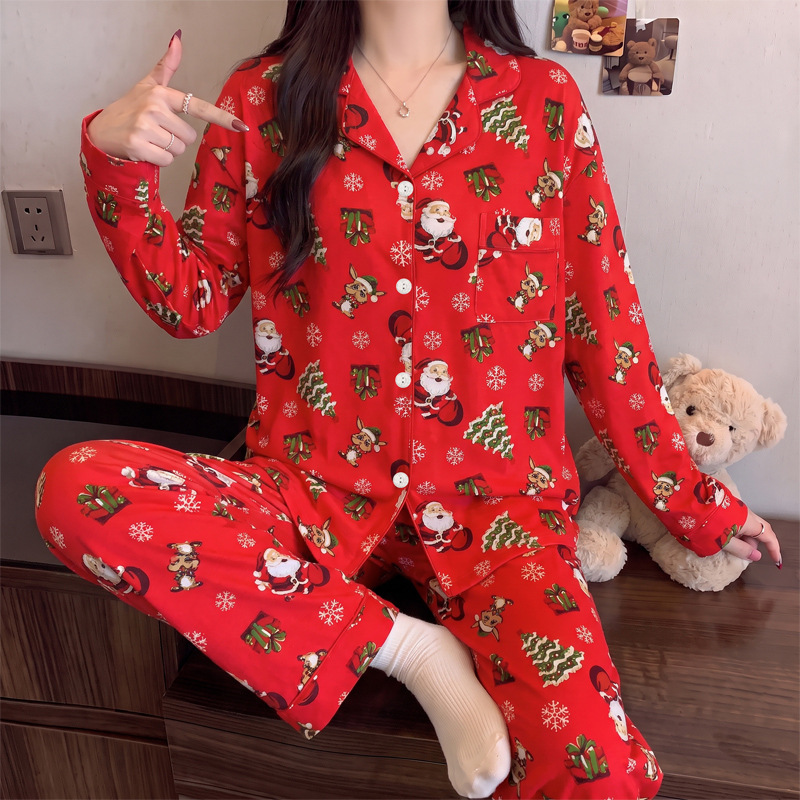European and American Christmas pajamas, autumn and winter thin imitation cotton long-sleeve long-pants women's two-piece set, loose and festive new home wear European and American Christmas pajamas, autumn and winter thin imitation cotton long-sleeve long-pants women's two-piece set, loose and festive new home wear