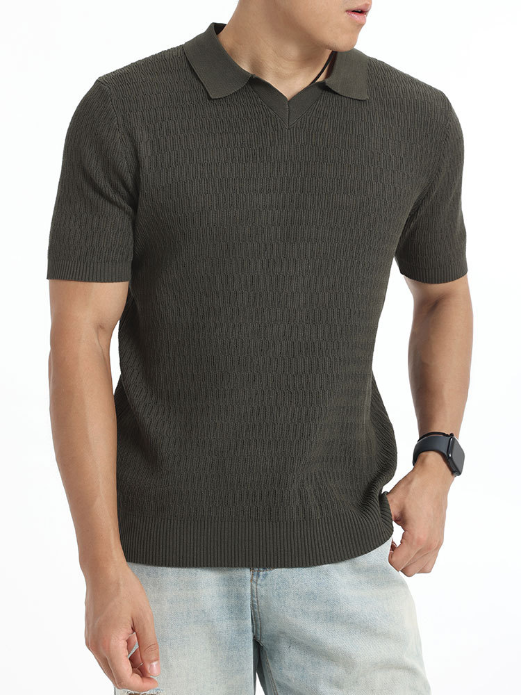 Europa y Estados Unidos transfronterizos de punto de cuello en V polo camisa de hombre de manga corta Paul textura oscura camisa de cuello de hielo ropa de hombre image 3