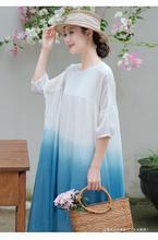 原创设计棉麻袍子女装夏季新款渐变色宽松显瘦中长款苎麻连衣裙
