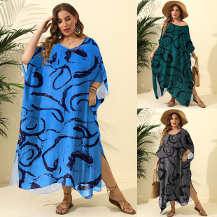 European and American Plus Size Women's Clothing European and American Foreign Trade Printed Loose Blouse Holiday Slit Floor-Length Skirt Dress Cross-Border