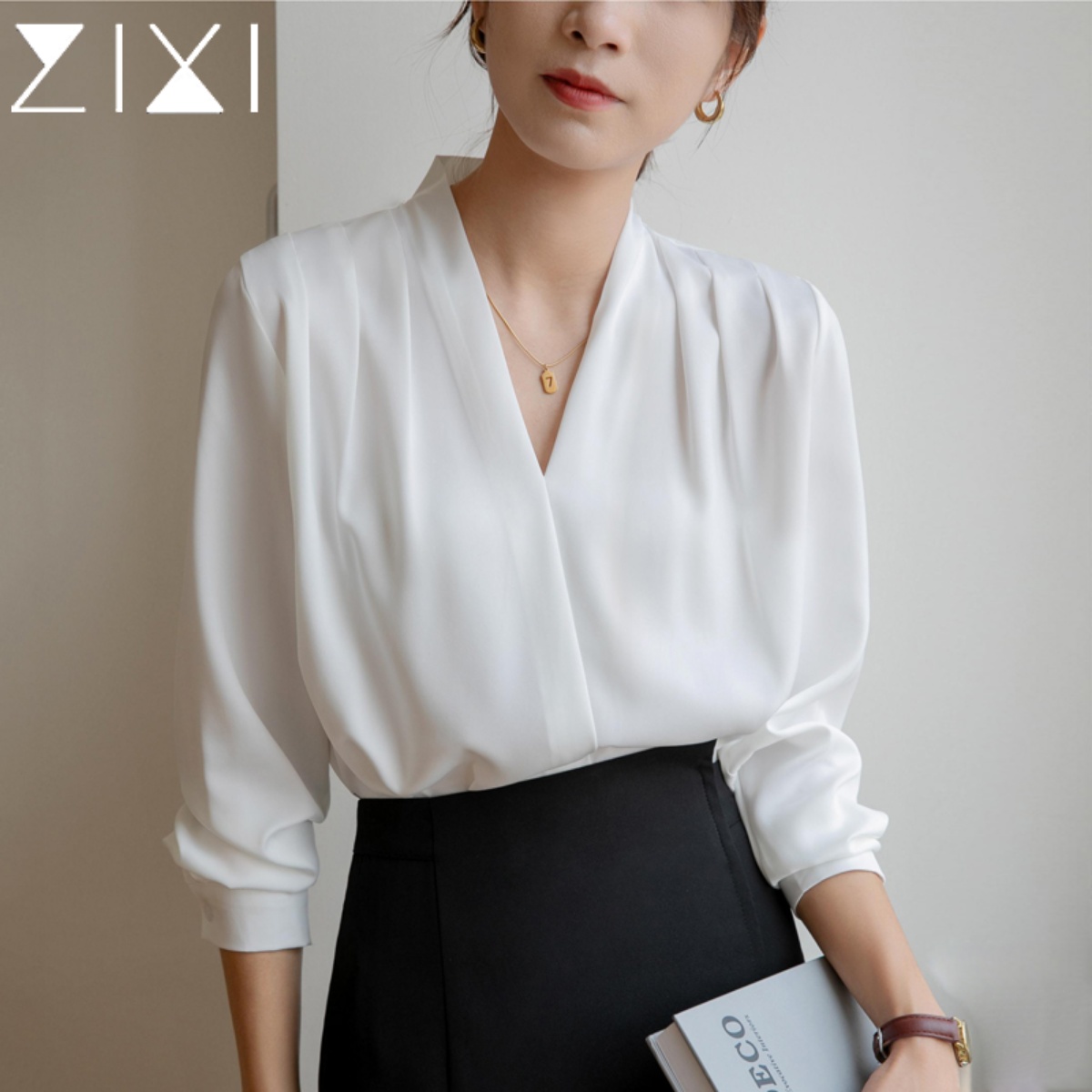 白色v领缎面衬衫职场穿搭通勤内搭西装高级上衣职业装白衬衣女春