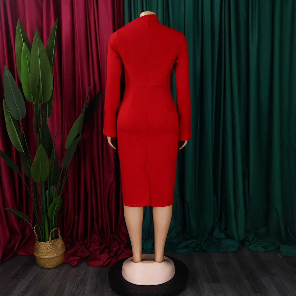 Autumn Winter Long Sleeve Narrow Office Diagonal Collar Solid Color Dress