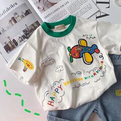 New Pure Cotton Summer Medium and Small Boys' Short Sleeve T-Shirt for Children and Babies with Cartoon Airplane Print, Stylish Half-Sleeve T-Shirt