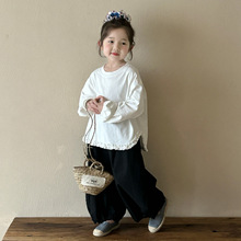 2025秋季新款童装 韩版童装 女童设计感木耳边圆领白色T恤 百搭款