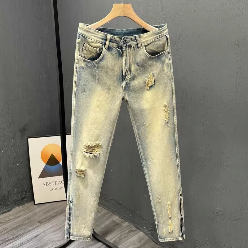 American Style Trendy Brand Retro Antique Ripped Casual Jeans Men's Hong Kong Style Loose Summer Pants with Zipper All-match Trousers