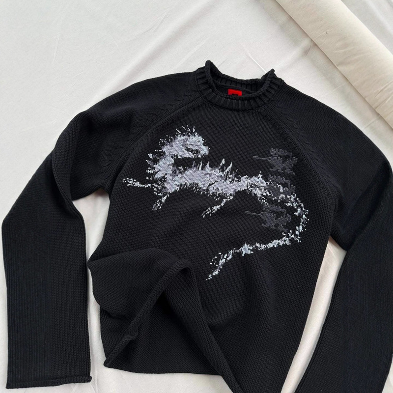 European and American Cross-Border American Cool Dark Style Jacquard Light Mature Niche Non-Colliding Long-Sleeved Knitted Round Neck Sweater