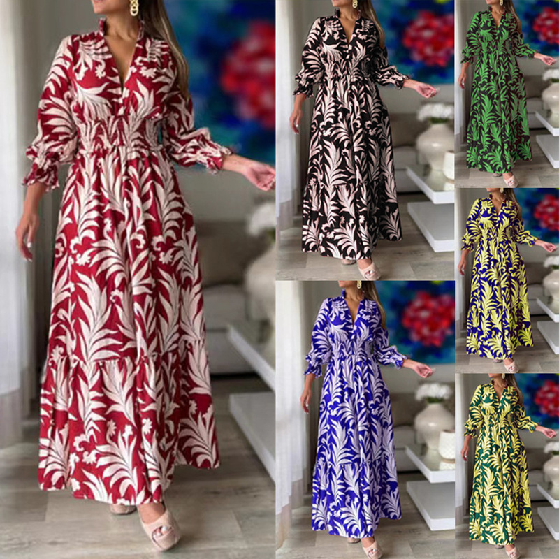 European and American Cross-border 2022 Autumn and Winter New Long Dress Waist Pullover Bohemian Printed Long-sleeved Large-sleeved Dress