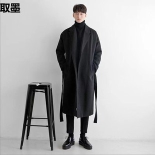 Black Woolen Coat Men's Mid-Length Over-The-Knee School Windbreaker Spring and Autumn Casual Jacket Handsome Design