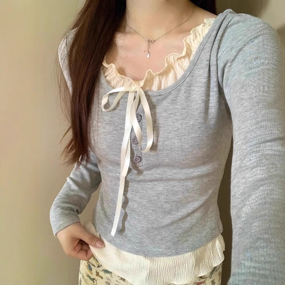 Fake Two-piece Inner Base Shirt Women's New Early Autumn Chic Slim-fit Shoulder Long-sleeved White Short Top Spring and Autumn