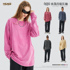 TILANI men's fashion brand autumn heavyweight 260g retro batik washing long sleeve T-shirt men's round neck couple top long T-shirt