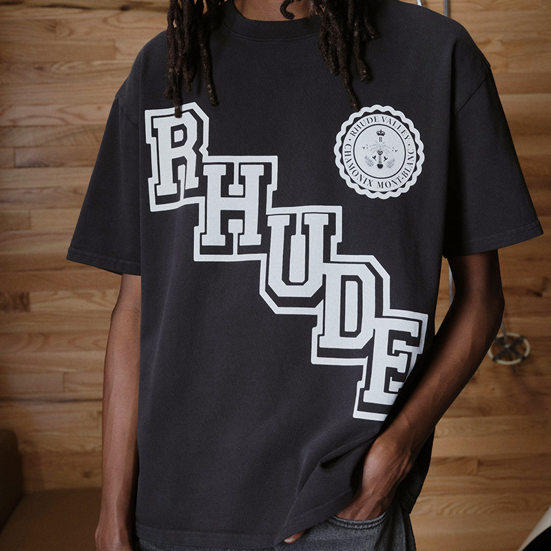 Cross-border Rhude American Retro Campus College Micro-stamp Printed High Street Trendy Brand Men's and Women's Pure Cotton Loose Short-sleeved T-shirt