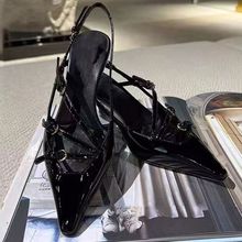 漆皮细跟法式高跟鞋小众设计感2025名媛一字带包头凉鞋后空单鞋女