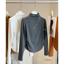 加绒加厚半高领正肩长袖t恤女秋冬新款韩系褶皱收腰显瘦打底上衣
