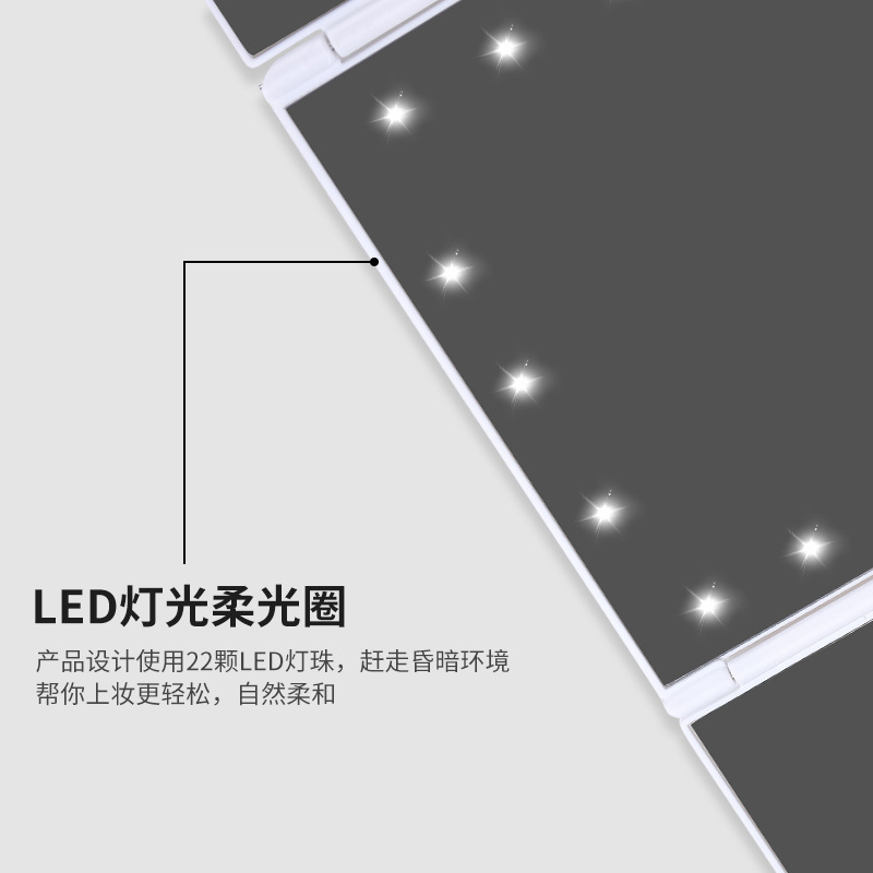 国境を越えたデスクトップドレッシングUSB三面折り畳み22灯鏡付き三折LED美化粧鏡2x3拡大化粧鏡|undefined