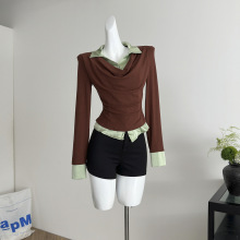 旧日手稿 法式假两件拼接针织衬衫女秋修身收腰通勤T恤上衣