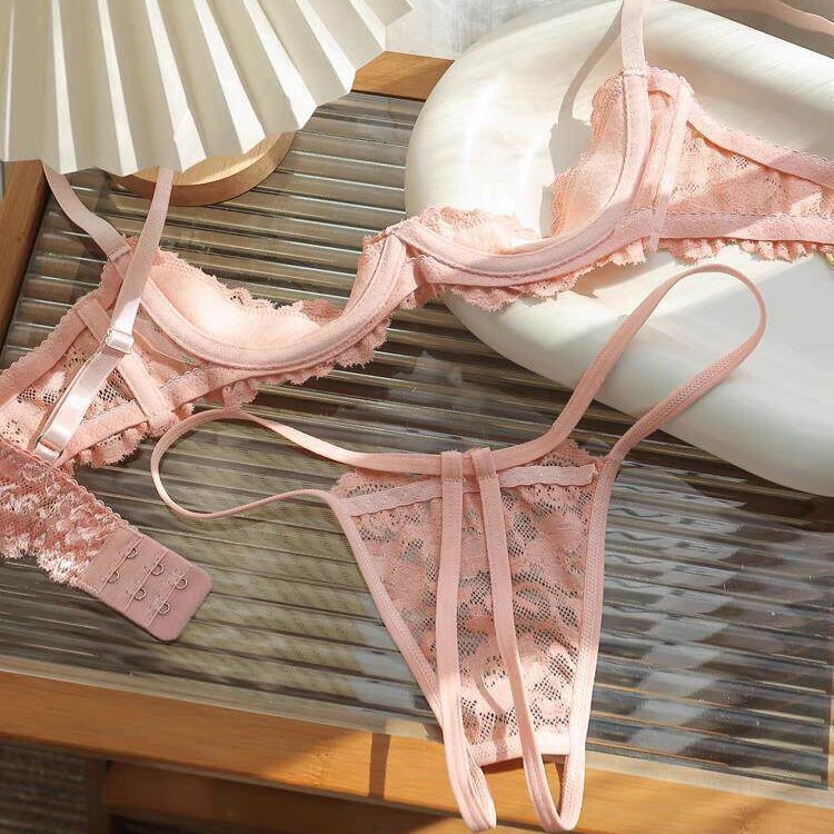 Purple sheer lace lingerie set for women, half-cup ultra-thin sexy seductive bra and thong, wholesale set