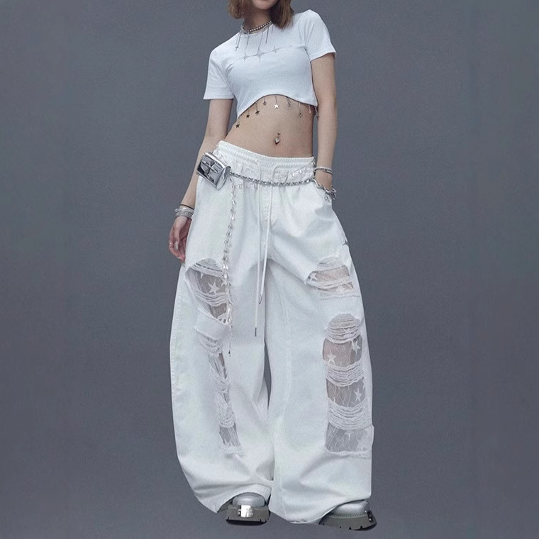 Cbxlb Street Dance Trendy Black Denim Patch Ripped Dance Pants Hip-Hop Street American Style Casual Pants