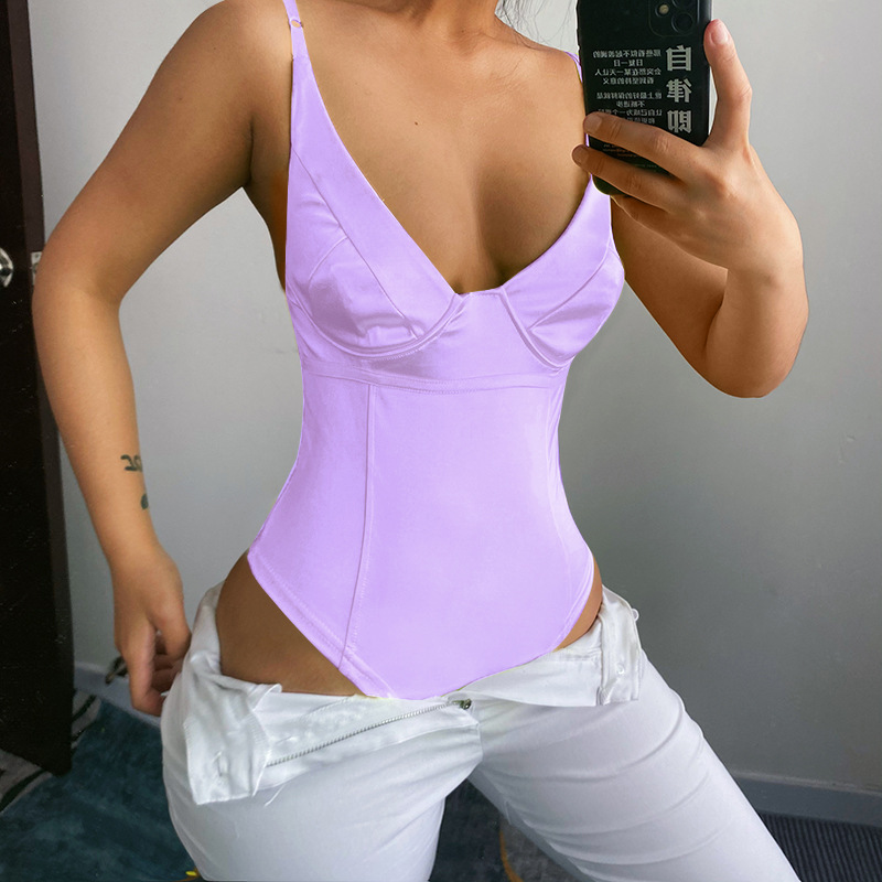 80168 nuevo color sólido camisola ropa de mujer Europa y América verano moda chica caliente sexy pecho-halagador mono mujeres