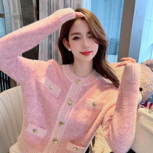 High-quality faux mink cashmere lightweight knitted sweater with soft and feminine style, beautiful pink chiffon, regular size