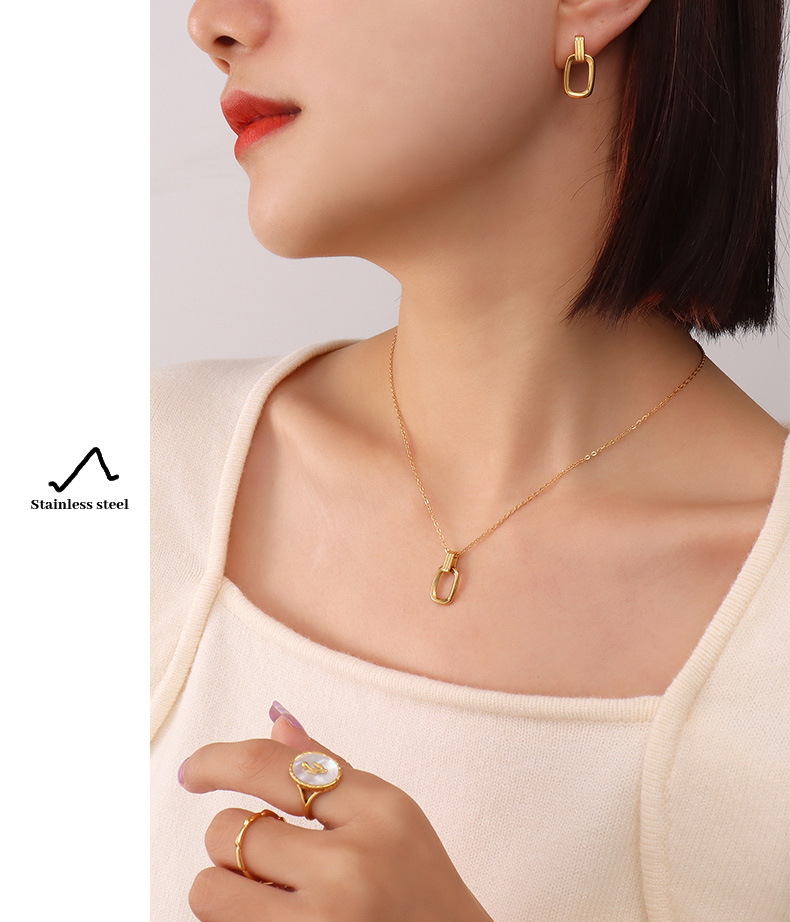 French oval pendant necklace earrings set titanium steel plated 18K real gold fashion jewelry