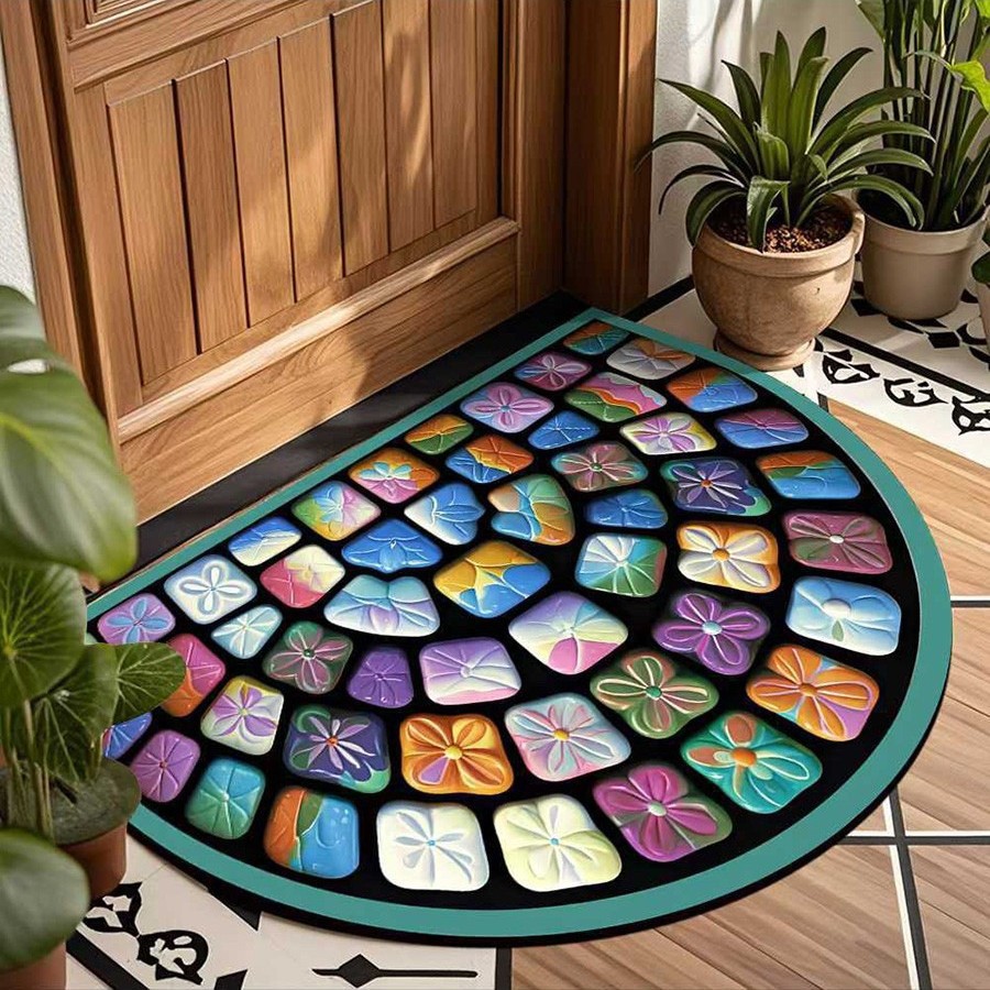 Alfombra de entrada semicircular estilo americano vintage de Amazon Temu, alfombra de terciopelo cristalino, resistente a la suciedad, a prueba de polvo, fácil de mantener.