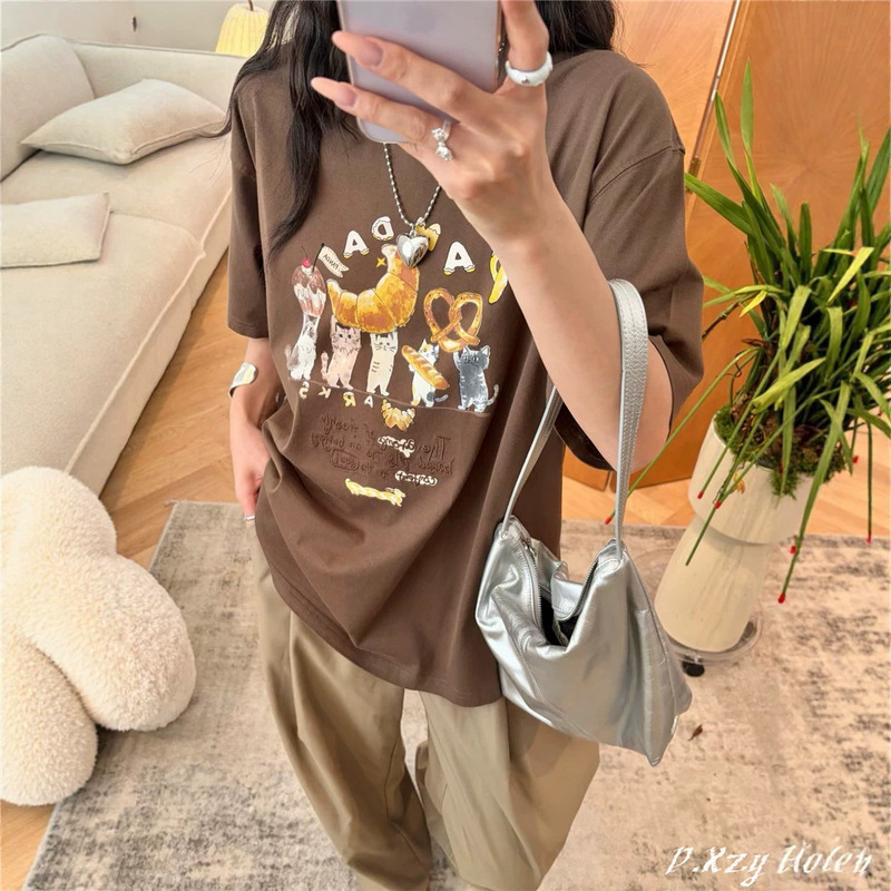 023 Cute Cartoon Cat Print T-Shirt for Women, Korean Style, Versatile, Age-Reducing, Round Neck, Loose Short-Sleeved Bottoming Shirt, Women's T-Shirt