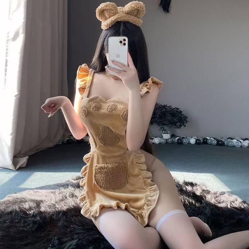 Plush Bear Maid Lingerie Set with Lace Hollow-out Bodysuit, Headband and Choker — detail image 4