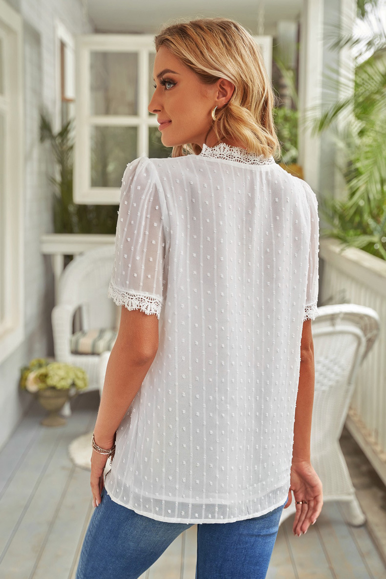 women s solid color deep V-neck embroidered lace short-sleeved chiffon shirt nihaostyles clothing wholesale NSQSY78399