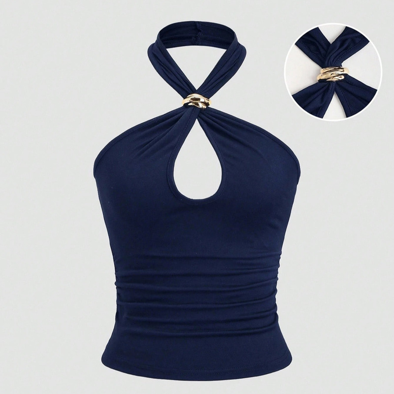 Gold Buckle Halter Neck Tank Top for Women, Summer Outerwear or Inner Wear, Sexy Pure Desire Ultra-Short Top with Halter Neck Design Gold Buckle Halter Neck Tank Top for Women, Summer Outerwear or Inner Wear, Sexy Pure Desire Ultra-Short Top with Halter Neck Design