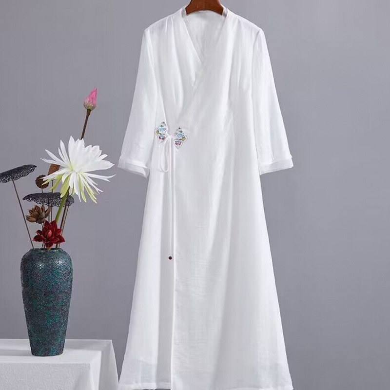 Improved Han Dynasty Zen Women's Clothing Chinese Style Fairy Retro Literary Cross-Collar Slim Long Skirt White Tea Dress