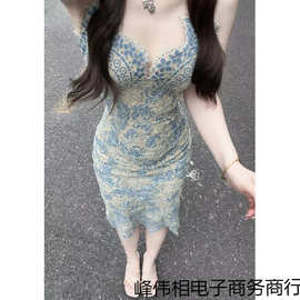 大码女装法式名媛吊带裙微胖春夏中长款修身气质性感蕾丝连衣裙