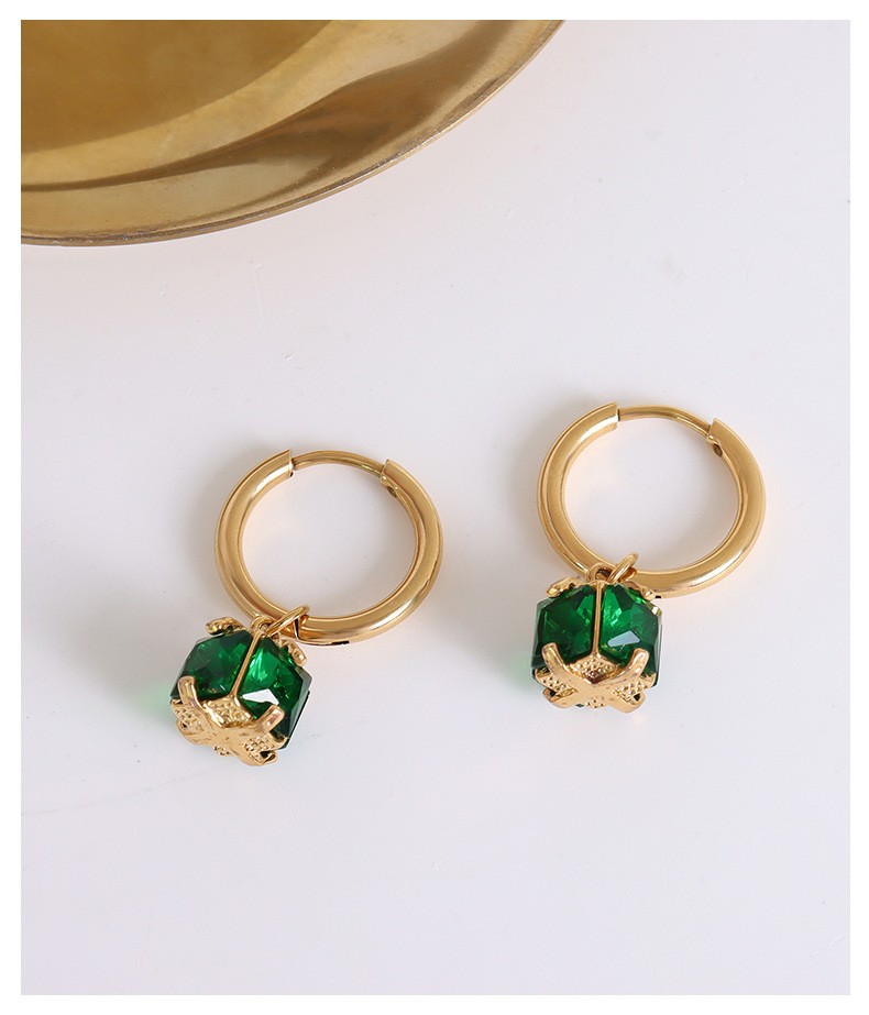 Simple Style Style Green Color European And American Compact Four-sided Emerald Zircon Ttanium Steel Plated Earrings