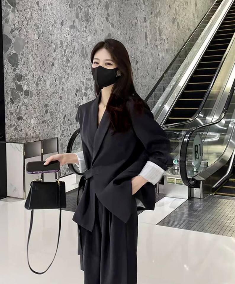 Bộ vest nữ hai mảnh dáng ôm thanh lịch, tay dài, phong cách công sở sang trọng — đen (bộ đồ), Kaki (bộ), Màu trắng nhạt (bộ), hồng (bộ) chi tiết 17