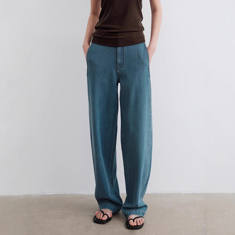 Th~ Row Eco-Friendly Denim Cotton Straight Pants Retro Washed Loose Curved Dividing Line Cocoon Jeans for Women