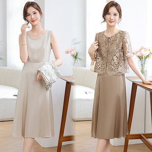New Style Summer Dress for Mothers, Two-Piece Set for Middle-Aged Women, Fashionable Long Dress with Thin Cardigan, Middle-Aged and Elderly Suit Dress