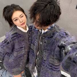 美式复古氛围感毛衣针织衫男女潮宽松情侣开衫水貂绒外套上衣秋冬