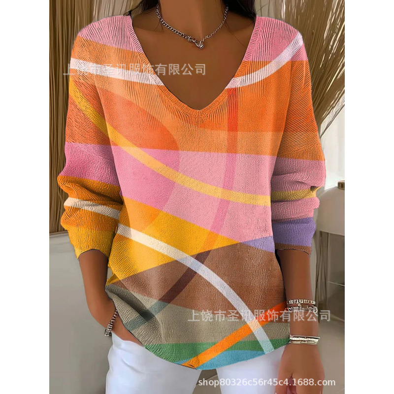 欧美跨境独立站新款3D印花女士时尚渐变色V领长袖T恤上衣|undefined