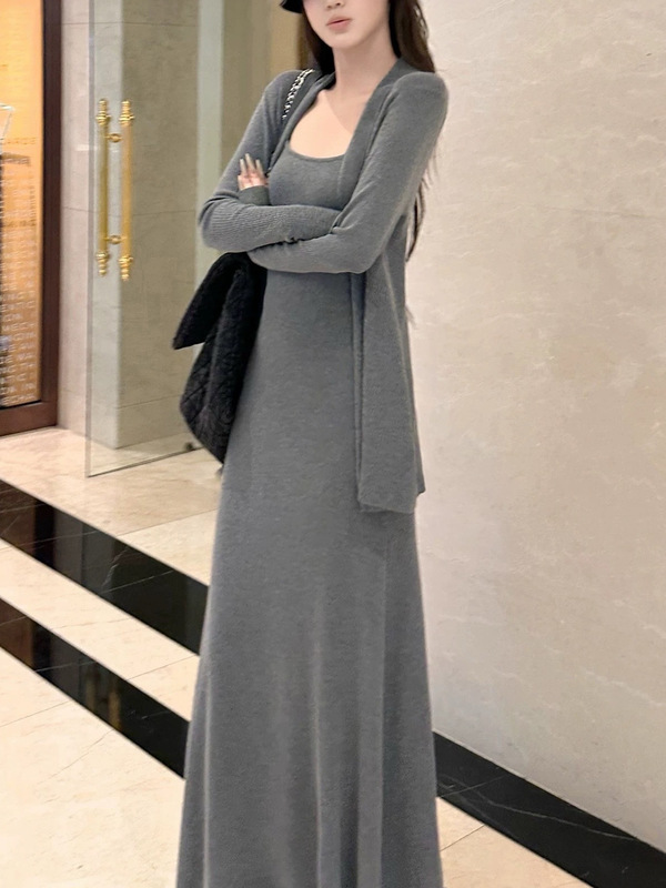 5werkwe 松弛美女 羊毛针织开衫吊带长裙套组|undefined