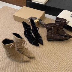 废土风内增高西部牛仔靴女秋冬堆堆尖头中筒靴系带显瘦不过膝长靴