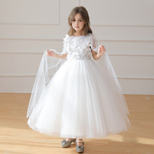 女童高档礼服白色长裙披纱婚礼花童裙生日聚会礼服立体花朵蓬蓬纱