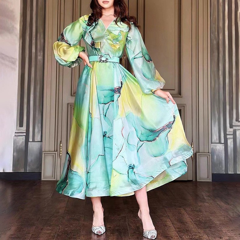 2025 primavera y verano nuevo estilo de comercio exterior europeo y americano estampado vestido de malla de gran swing viaje vestido de mujer de talla grande europeo y americano image 10
