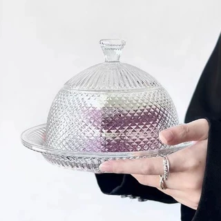 ins欧式玻璃蛋糕盘托盘带盖水果试吃盘小众高级感家用甜品点心碟