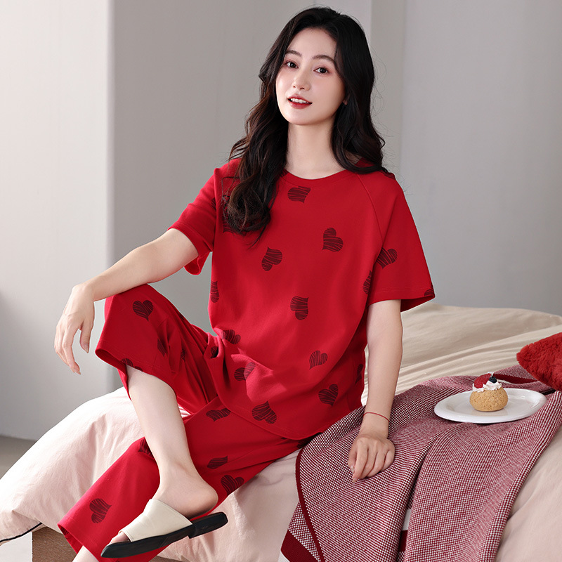 2025 년이 삶의 뱀의 해 잠옷 여성의 붉은 여름 면화 사랑 짧은 소매 플러스 사이즈 통통녀 홈 의류 도매