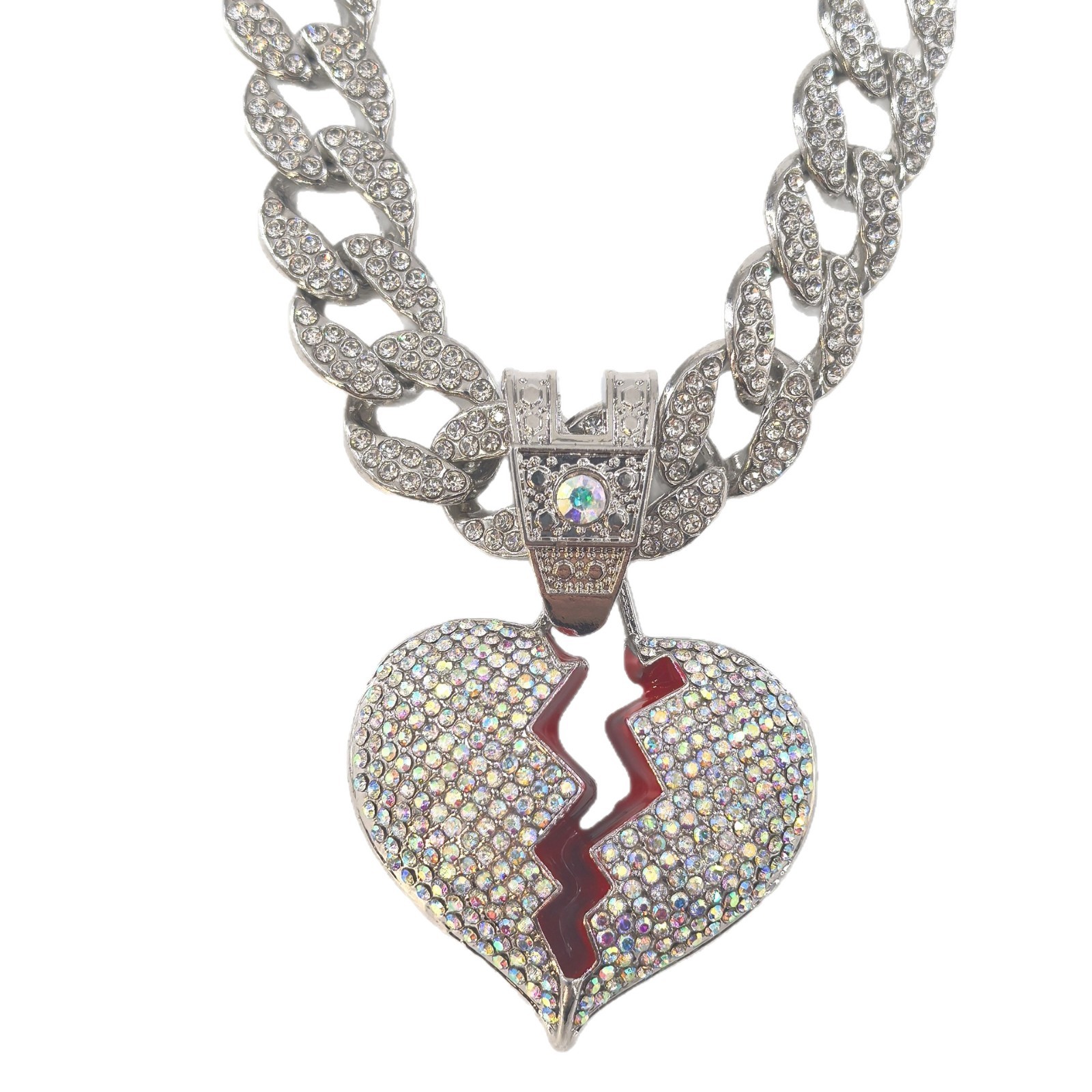 Collar personalizado con colgante de corazón roto con diamantes, estilo hip-hop europeo y americano, cadena cubana, cadena para clavícula, unisex, con diamantes incrustados.