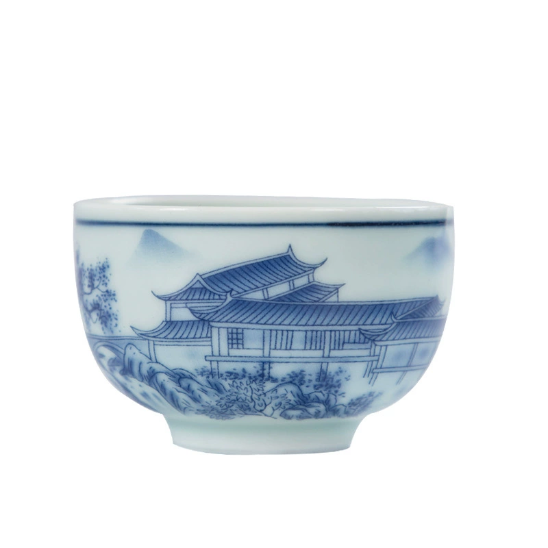 Tea cup, ceramic retro blue and white tea set for office