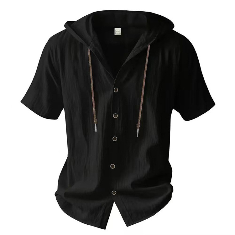 Cross-Border Men's Cotton and Linen Hooded Drawstring Shirts, No Ironing Required, Machine Washable, Casual Short-Sleeve Shirts, Direct from the Factory, Large Quantities in Stock Cross-Border Men's Cotton and Linen Hooded Drawstring Shirts, No Ironing Required, Machine Washable, Casual Short-Sleeve Shirts, Direct from the Factory, Large Quantities in Stock