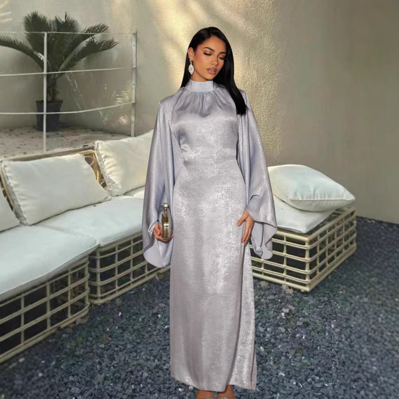 Elegant Shiny Gold-Stamped Dress for Women 2025 Summer New Solid Color Half-High Collar Pullover Gown